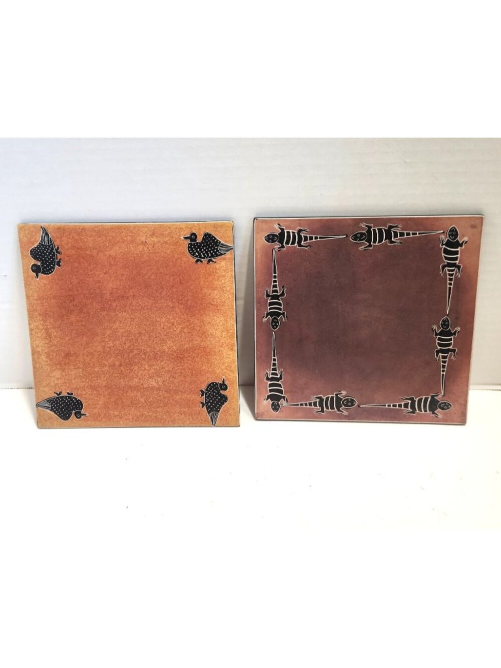 Vintage Ceramic Art Tiles Set Bird & Lizard Motif Brown Black Folk Art READ